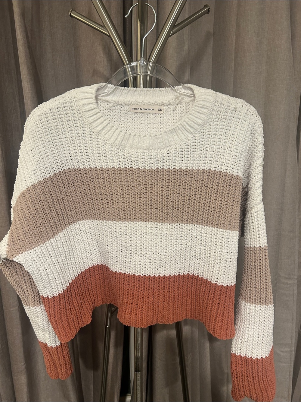 moon & madison Cropped Striped Crewneck Sweater in Cream, Beige & Rust - Picture 3 of 7